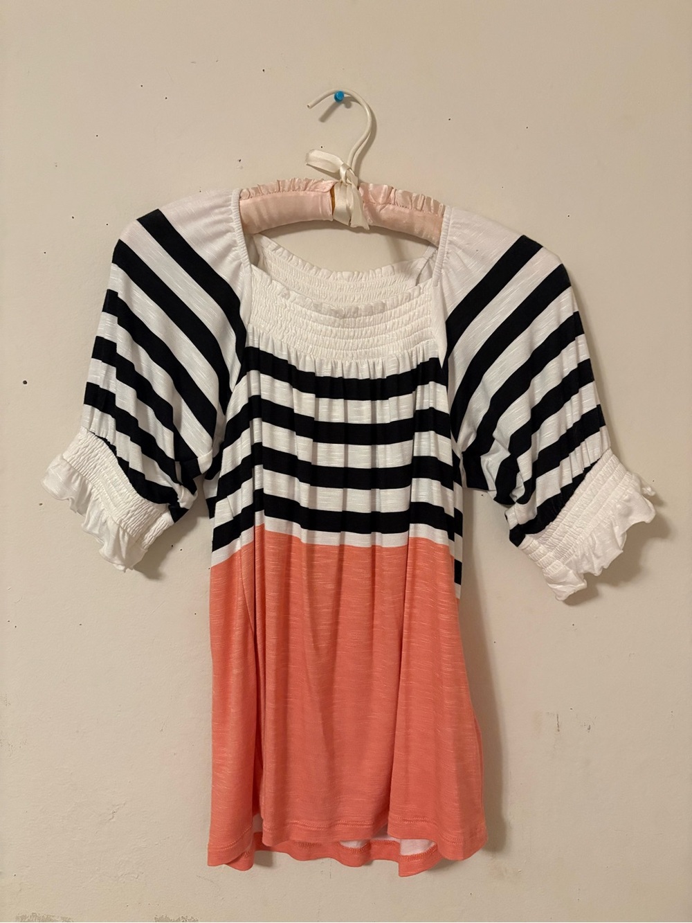 LuLaRoe Girls' Black & White Striped Top with Coral Panel